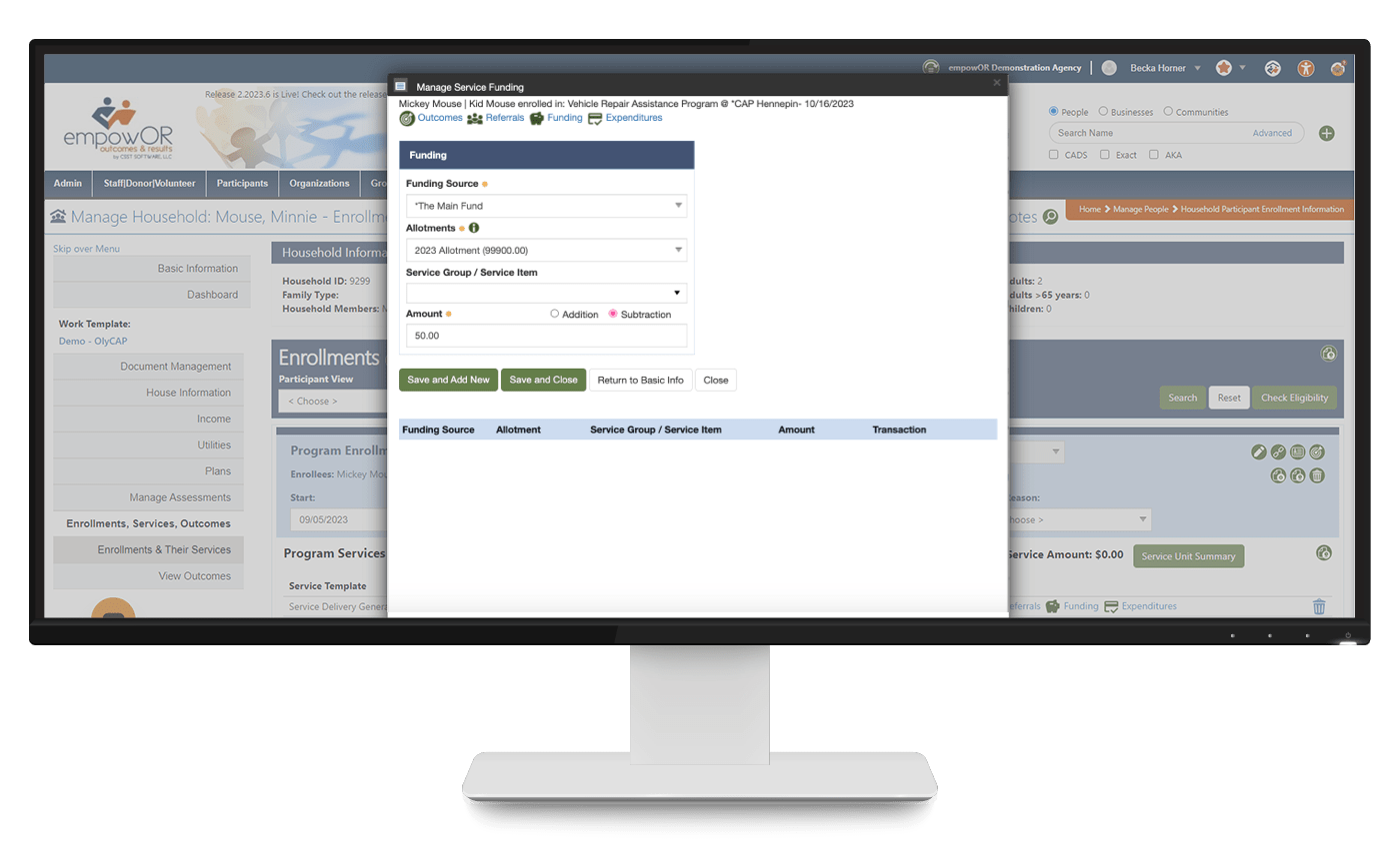 Funding Sources screen in empowOR
