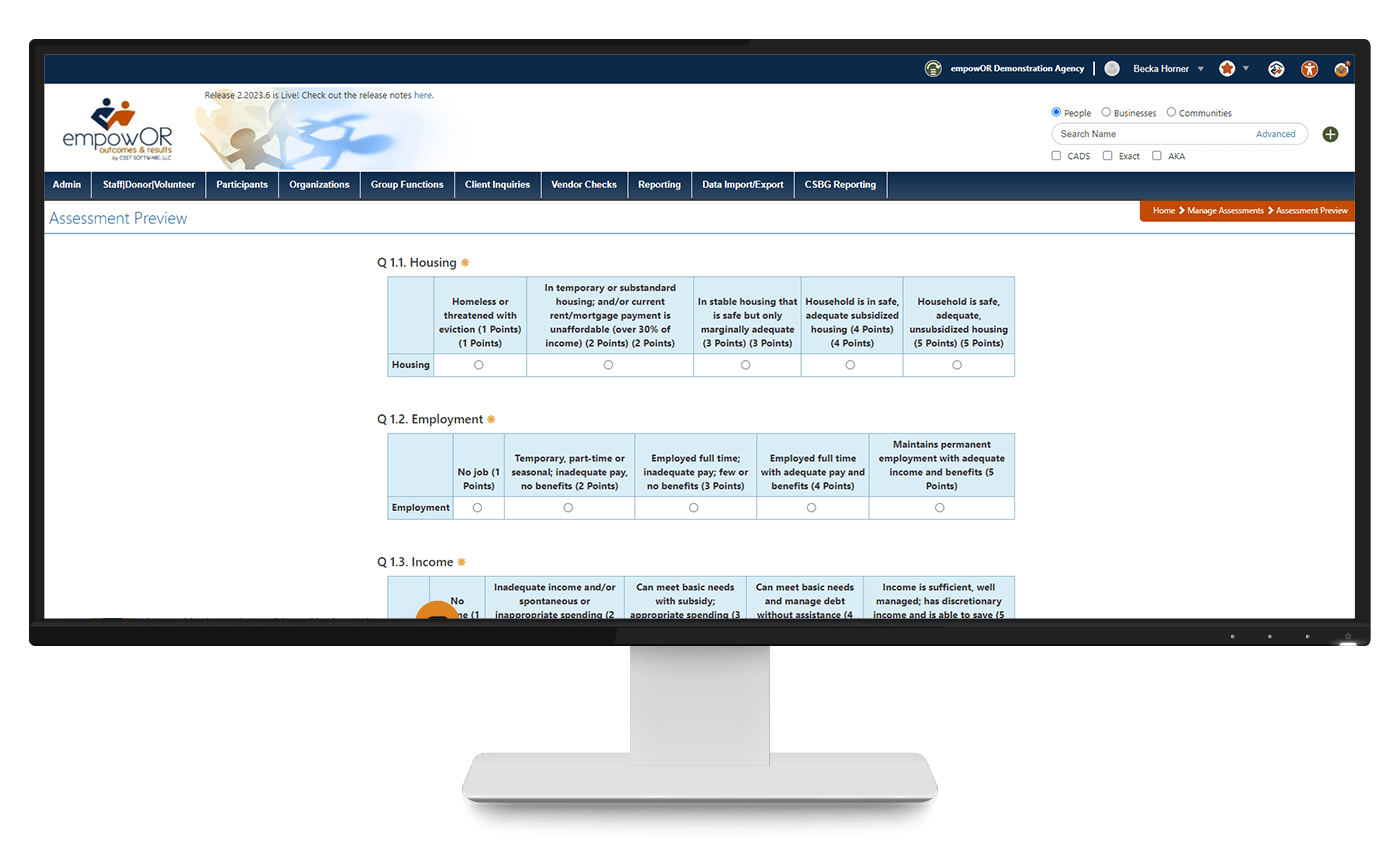 Assessments screen in empowOR