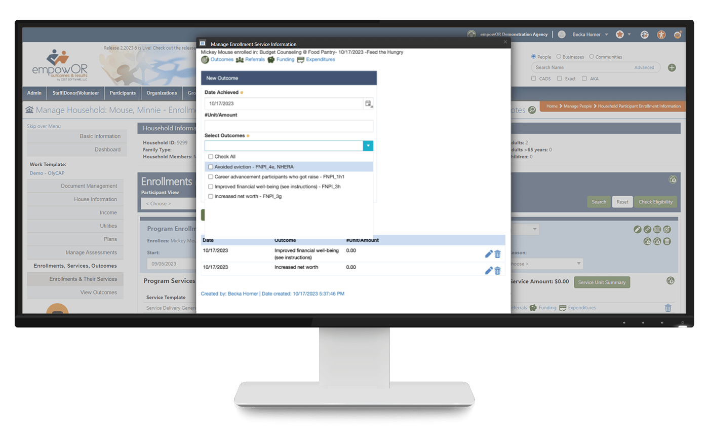 Services & Outcomes screen in empowOR