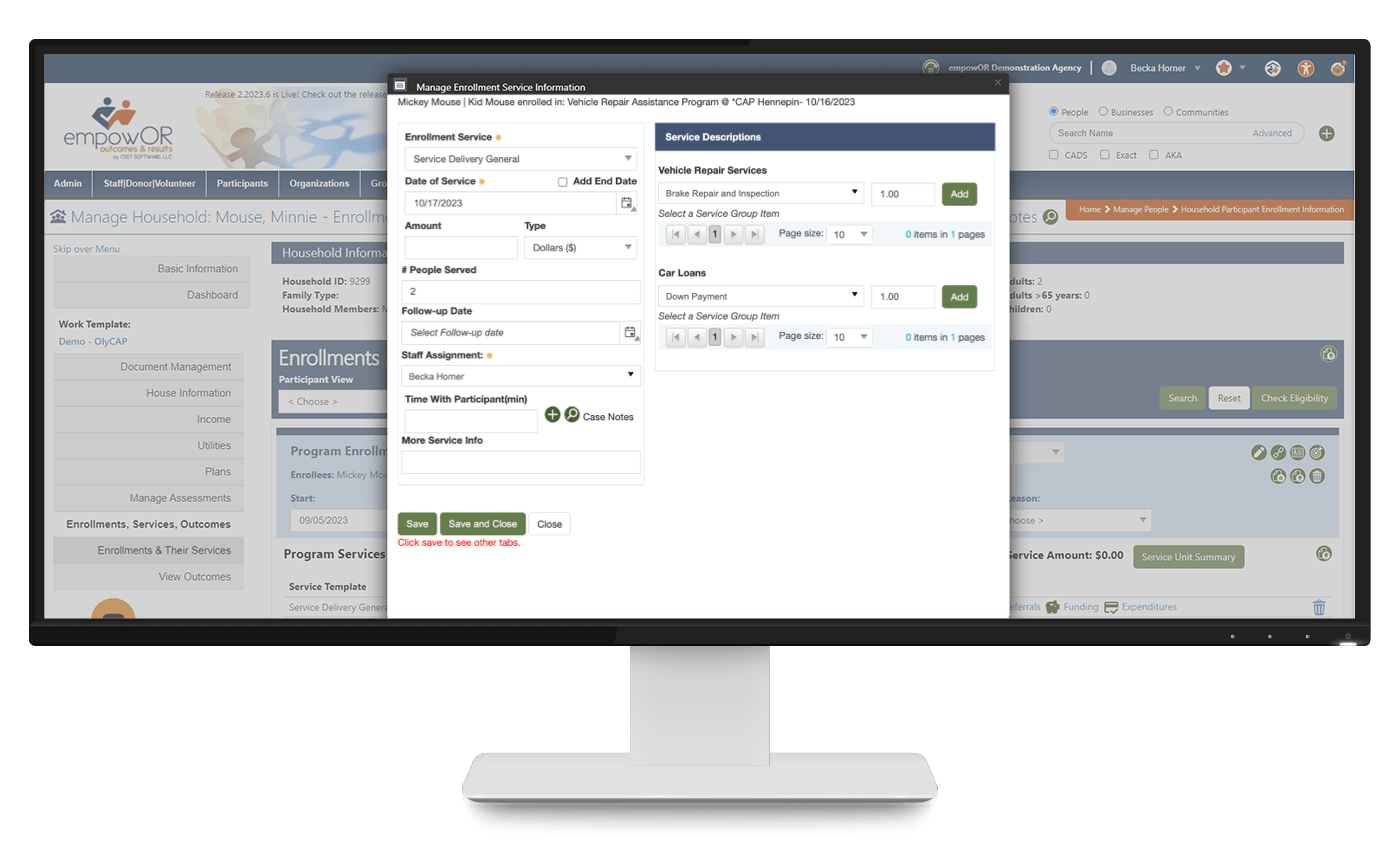 Services & Outcomes screen in empowOR